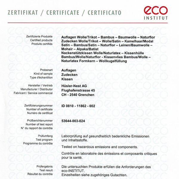 Zertifikat Eco Institut Textilien