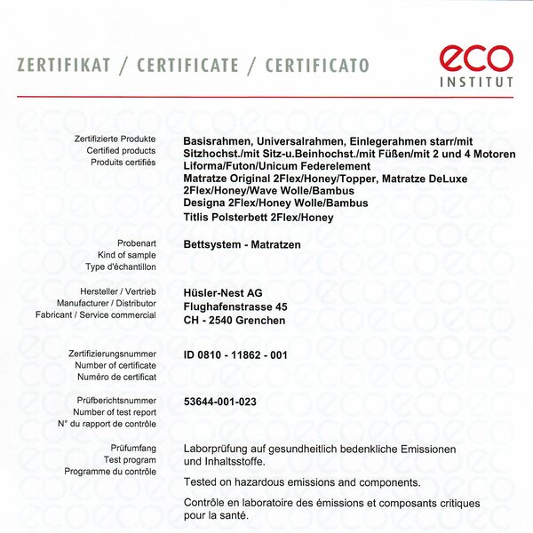Zertifikat Eco Institut Bettsystem - Matratzen