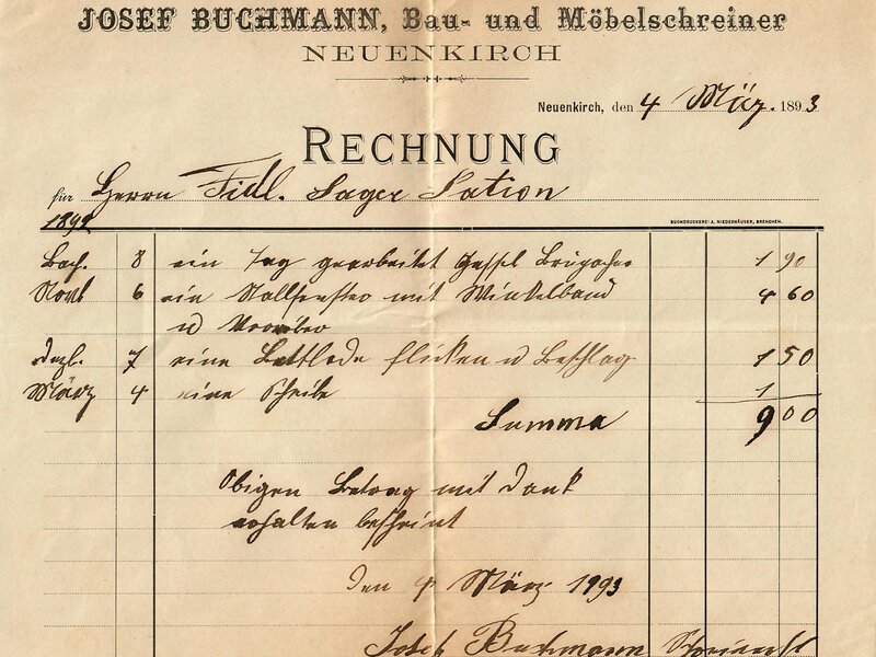 alte Rechnung aus dem Jahr 1893 | © Buchmann Schreinerei AG